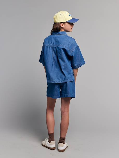 Lightweight denim girl's shirt and short set medium blue 