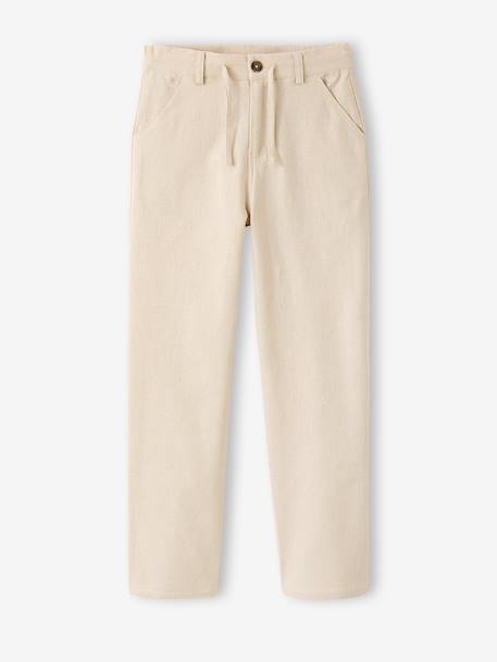 Boy's cotton and linen twill trousers with adjustable waist ecru 