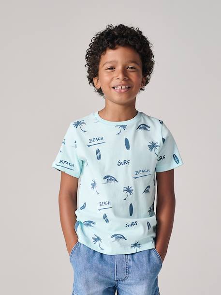 Printed boy's t-shirt denim blue+lichen+marl white+mint green 