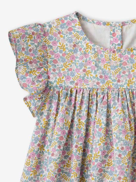 Ruffled, Short Sleeve Dress with Prints, for Girls emerald green+pale pink+printed white 