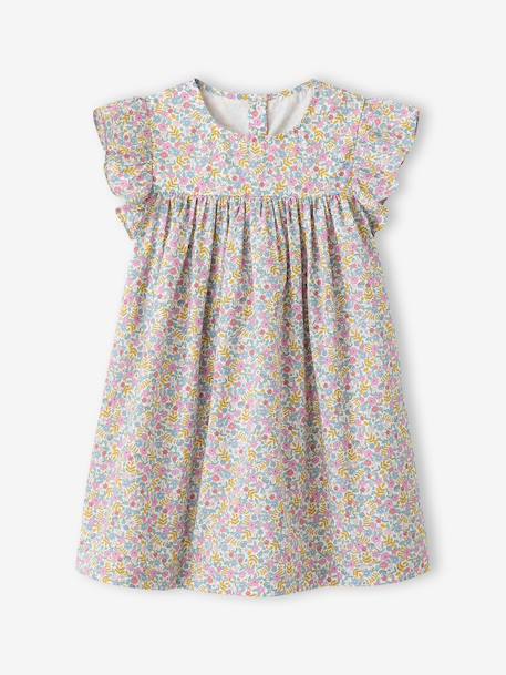 Ruffled, Short Sleeve Dress with Prints, for Girls emerald green+pale pink+printed white 