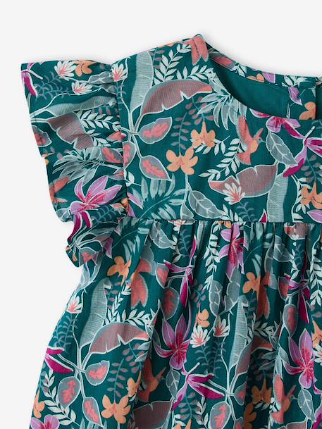 Ruffled, Short Sleeve Dress with Prints, for Girls emerald green+pale pink+printed white 