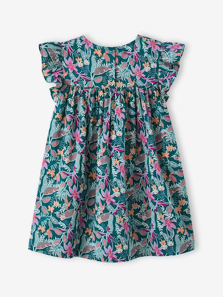 Ruffled, Short Sleeve Dress with Prints, for Girls emerald green+pale pink+printed white 