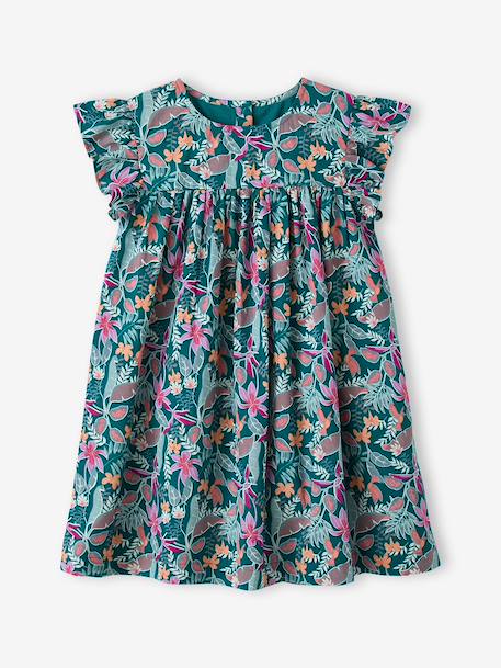 Ruffled, Short Sleeve Dress with Prints, for Girls emerald green+pale pink+printed white 