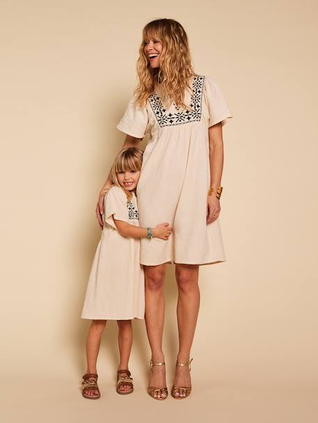 Cotton gauze dress with embroidered details sandy beige 