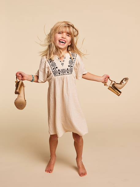 Girl's embroidered gauze dress, knee-length sandy beige 