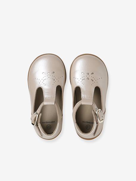 Baby girl's leather Mary Janes with buckle iridescent beige+white 