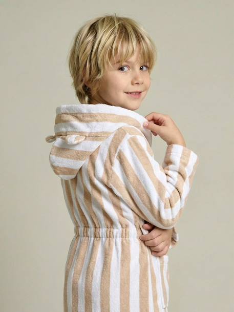 Customisable children's bear bathrobe, with recycled cotton striped beige 