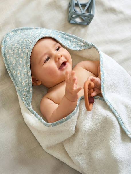 Customisable cotton muslin bath cape and wash mitt MARGUERITE printed blue 