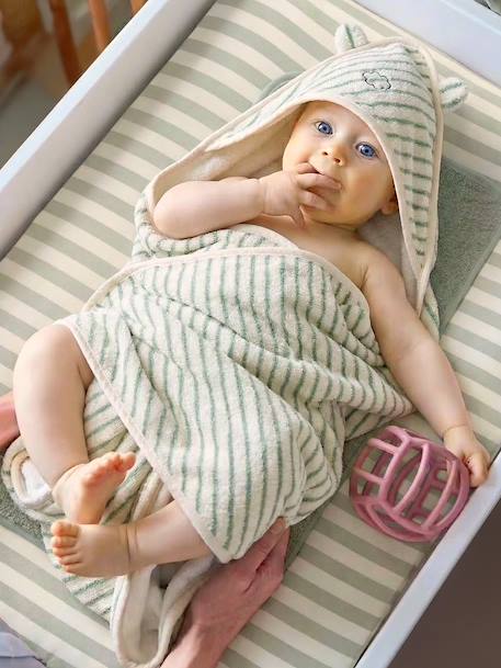 Bath Cape In Jacquard Stripes + Wash Mitt sage green 