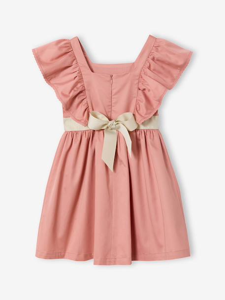 Occasion Wear Dress with Golden Sash for Girls blush+white 