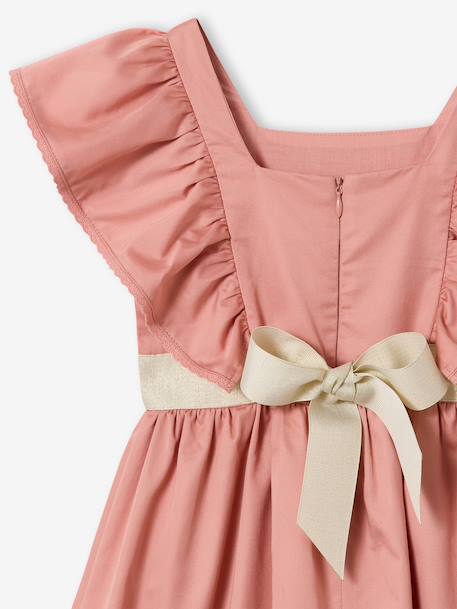 Occasion Wear Dress with Golden Sash for Girls blush+white 