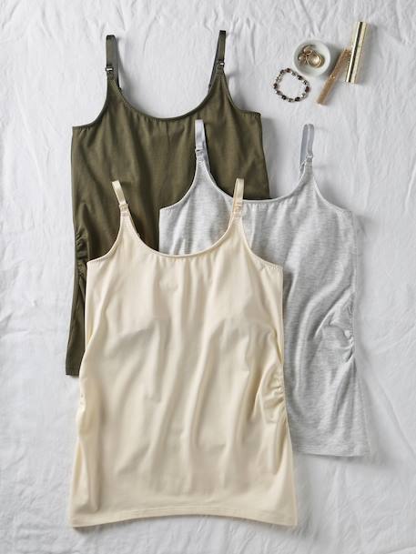 Pack of 3 Sleeveless Tops, Maternity & Nursing Special, ENVIE DE FRAISE khaki+white 