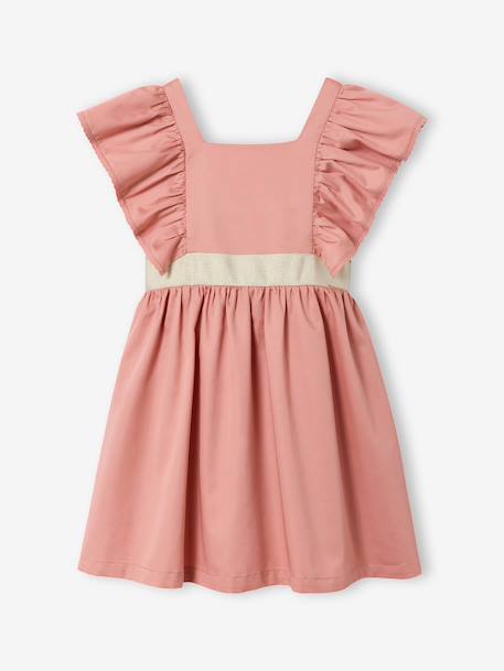 Occasion Wear Dress with Golden Sash for Girls blush+white 