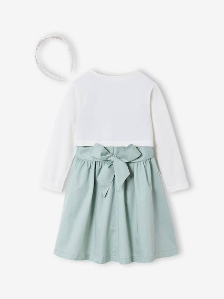 Set of skater dress, bolero and band for head accessories for hair sage green+white 