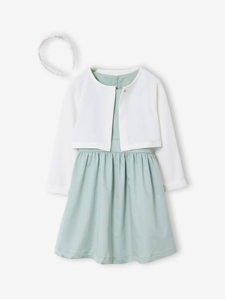 Set of skater dress, bolero and band for head accessories for hair sage green+white 
