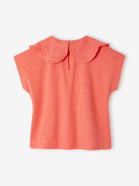 Girls' fancy embroidered collar T-shirt coral+ecru 