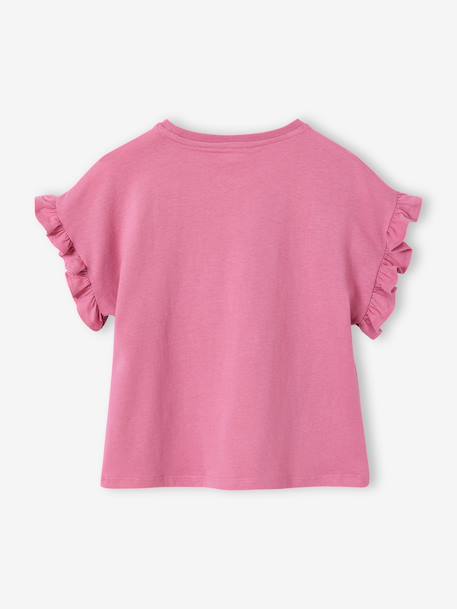 Girl's short-sleeved t-shirt with romantic pattern and frill detail ecru+navy blue+rose+sage green 