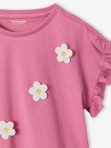 Girl's short-sleeved t-shirt with romantic pattern and frill detail ecru+navy blue+rose+sage green 