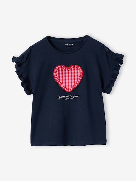 Girl's short-sleeved t-shirt with romantic pattern and frill detail ecru+navy blue+rose+sage green 