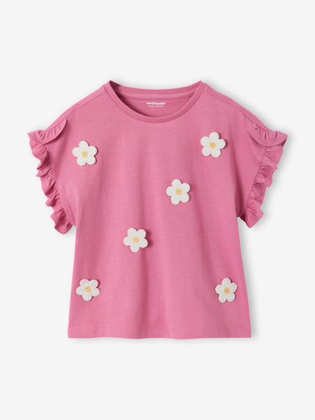 Girl's short-sleeved t-shirt with romantic pattern and frill detail ecru+navy blue+rose+sage green 