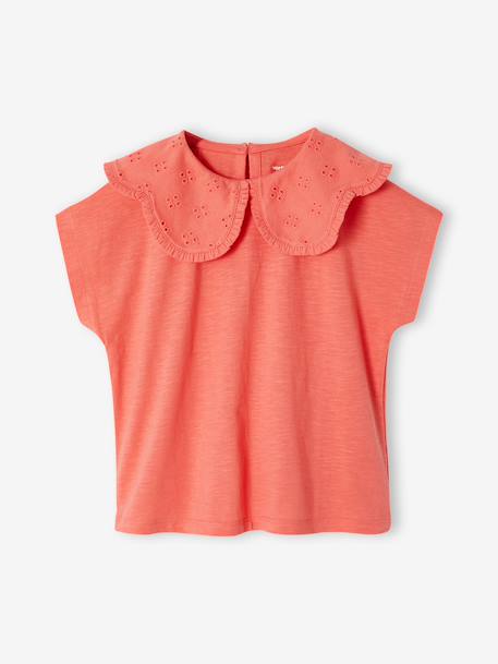 Girls' fancy embroidered collar T-shirt coral+ecru 