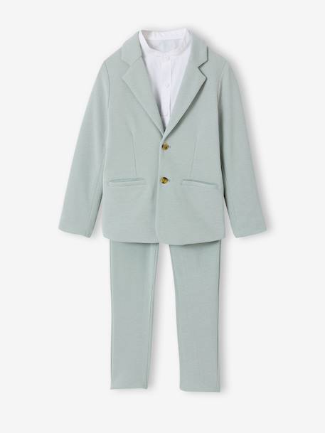Ceremony suit with Mao collar shirt, jacket and trousers for boys aqua green+beige+sky blue 