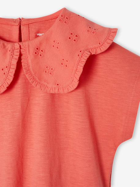 Girls' fancy embroidered collar T-shirt coral+ecru 