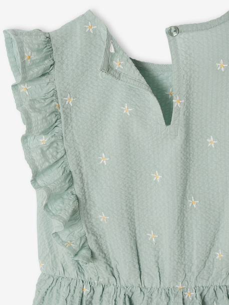 Frilly seersucker dress for girls printed white+sage green 
