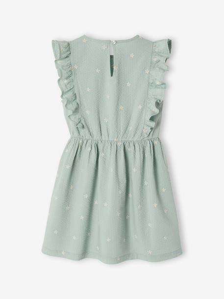 Frilly seersucker dress for girls printed white+sage green 