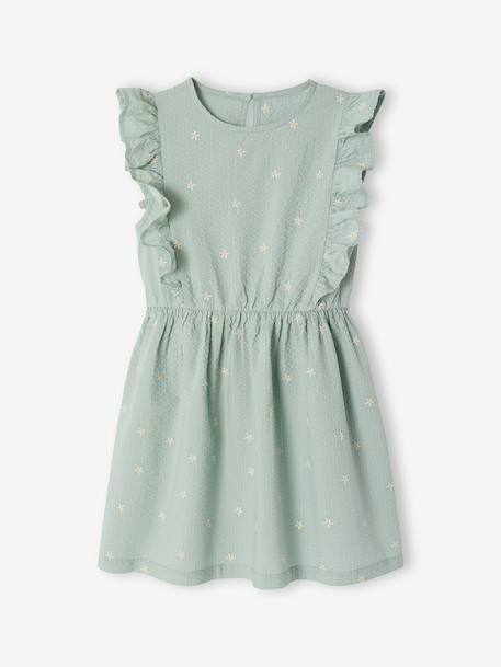 Frilly seersucker dress for girls printed white+sage green 