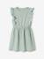 Frilly seersucker dress for girls printed white+sage green 