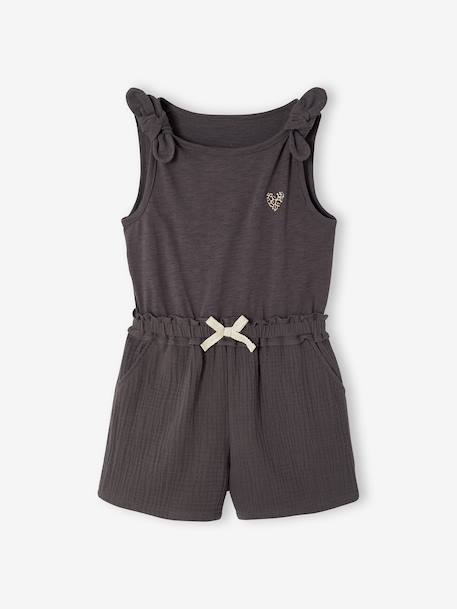 Two-fabric playsuit for girls old rose+slate grey 
