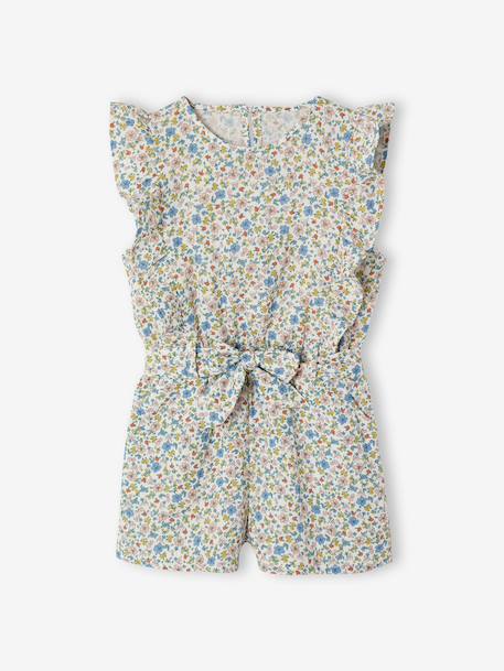 Frilly Cotton Gauze Playsuit for Girls ecru+sage green 