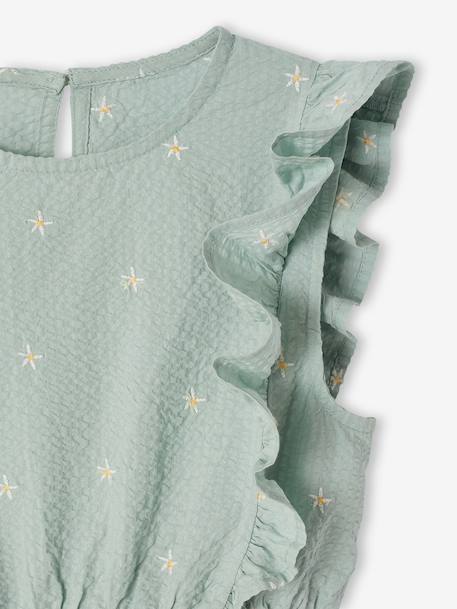 Frilly seersucker dress for girls printed white+sage green 