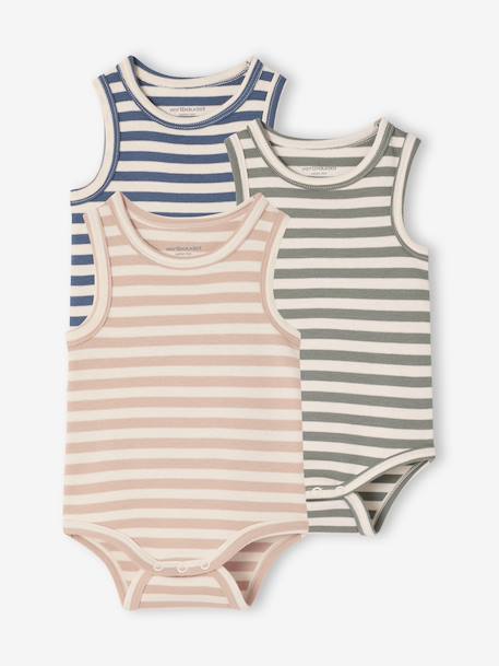 Pack of 3 sleeveless organic cotton bodysuits. blue 