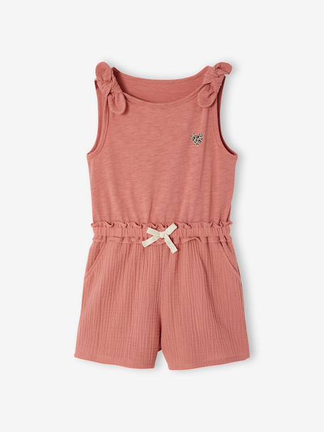 Two-fabric playsuit for girls old rose+slate grey 