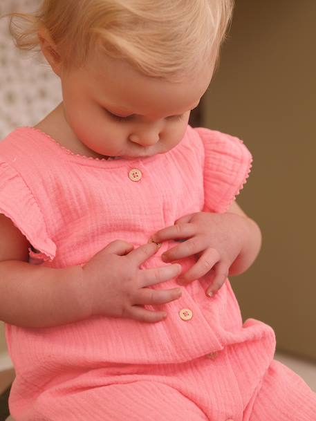 Baby girl's playsuit in cotton gauze rose 