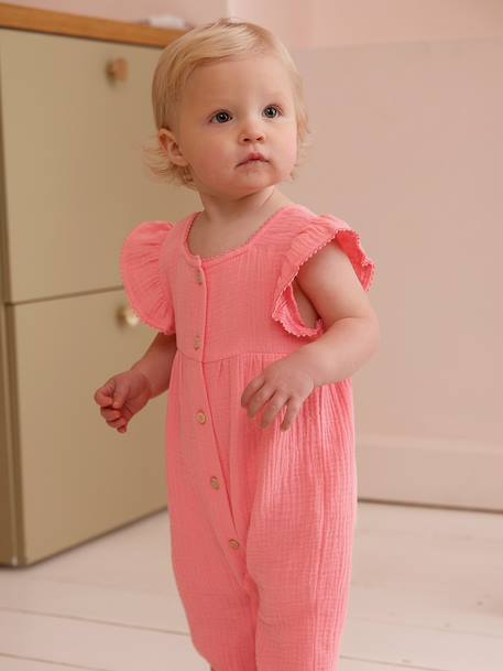 Baby girl's playsuit in cotton gauze rose 