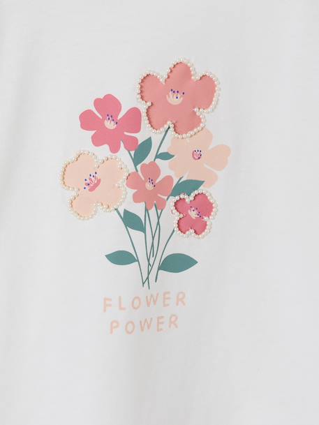 Girl's short-sleeved t-shirt with romantic pattern and frill detail ecru+navy blue+rose+sage green 