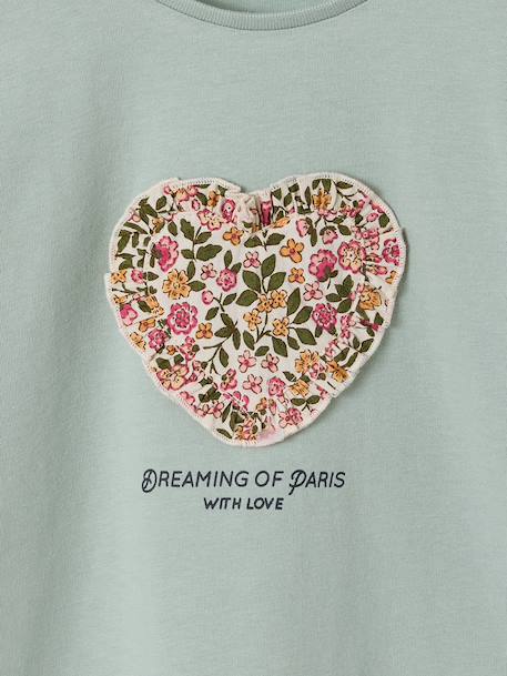 Girl's short-sleeved t-shirt with romantic pattern and frill detail ecru+navy blue+rose+sage green 