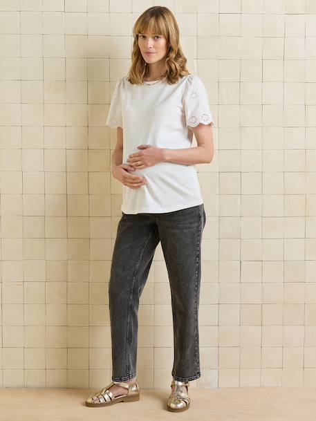 Short-sleeved maternity t-shirt with embroidery ecru 
