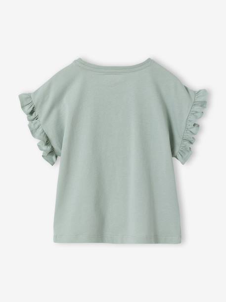 Girl's short-sleeved t-shirt with romantic pattern and frill detail ecru+navy blue+rose+sage green 