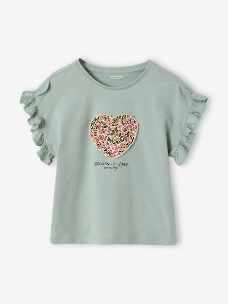 Girl's short-sleeved t-shirt with romantic pattern and frill detail ecru+navy blue+rose+sage green 