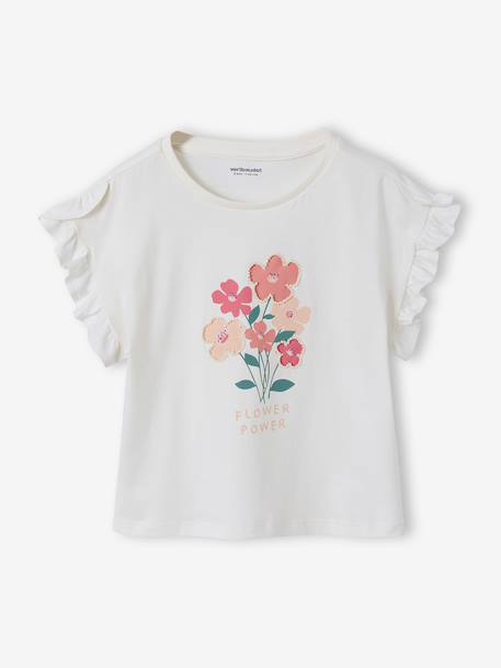 Girl's short-sleeved t-shirt with romantic pattern and frill detail ecru+navy blue+rose+sage green 