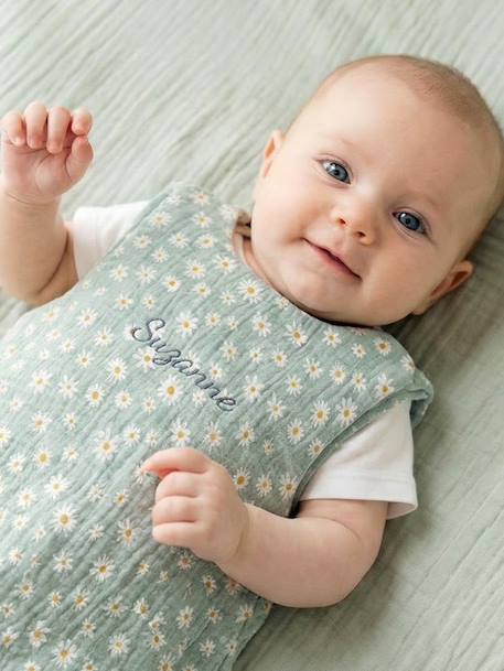 Customisable summer baby sleeping bag MARGUERITE in cotton gauze printed blue 