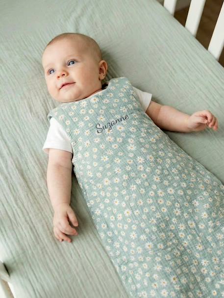 Customisable summer baby sleeping bag MARGUERITE in cotton gauze printed blue 