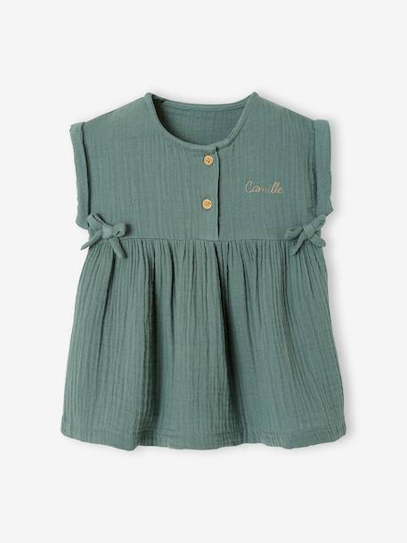 Dress in Cotton Gauze for Babies GREEN MEDIUM SOLID+ochre 