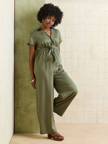 Wide-Leg, Short-Sleeved Lyocell Jumpsuit for Pregnancy & Nursing olive+stone 