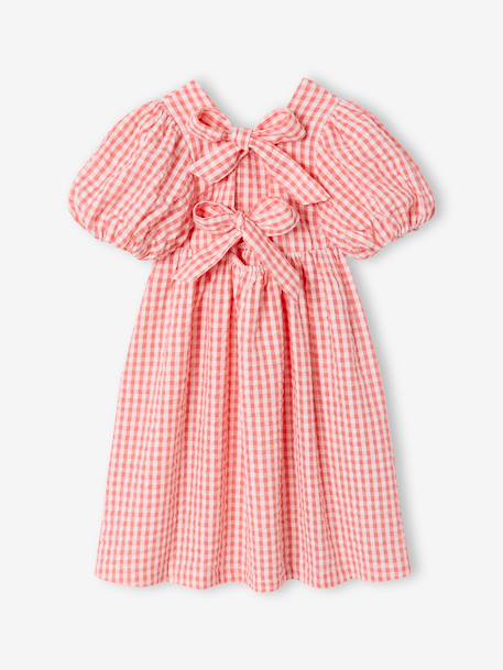 Gingham girl's dress with bows on the back coral 